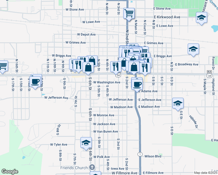 map of restaurants, bars, coffee shops, grocery stores, and more near 400 West Washington Avenue in Fairfield
