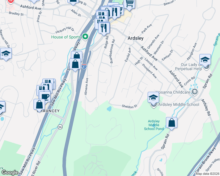 map of restaurants, bars, coffee shops, grocery stores, and more near 74 Bramblebrook Road in Ardsley