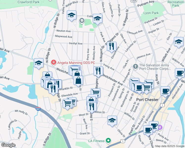 map of restaurants, bars, coffee shops, grocery stores, and more near 445 Westchester Avenue in Port Chester