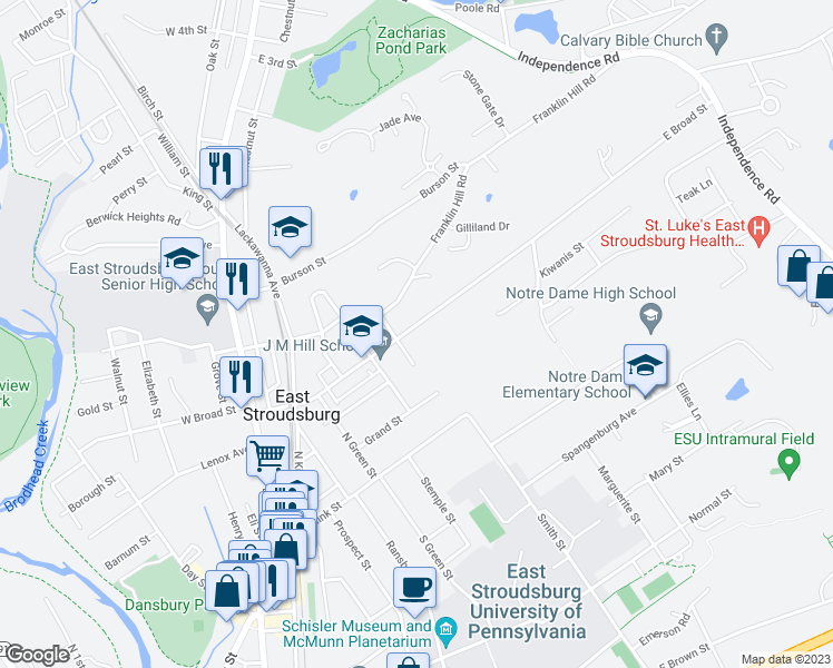 map of restaurants, bars, coffee shops, grocery stores, and more near 212 East Broad Street in East Stroudsburg