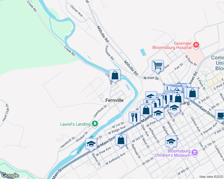 map of restaurants, bars, coffee shops, grocery stores, and more near 24 William Street in Bloomsburg