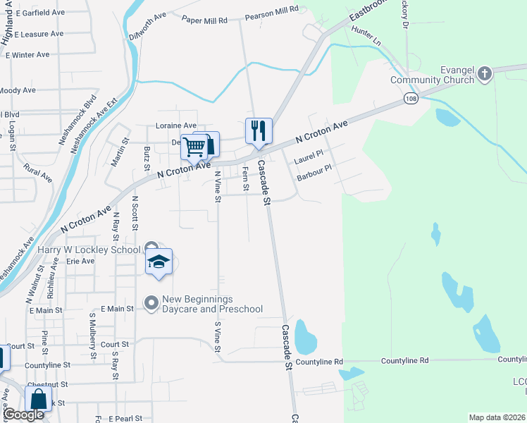 map of restaurants, bars, coffee shops, grocery stores, and more near 320 Cascade Street in New Castle