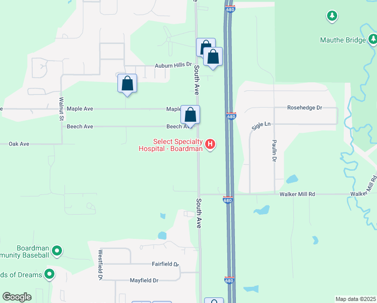 map of restaurants, bars, coffee shops, grocery stores, and more near 8018 South Avenue in Youngstown