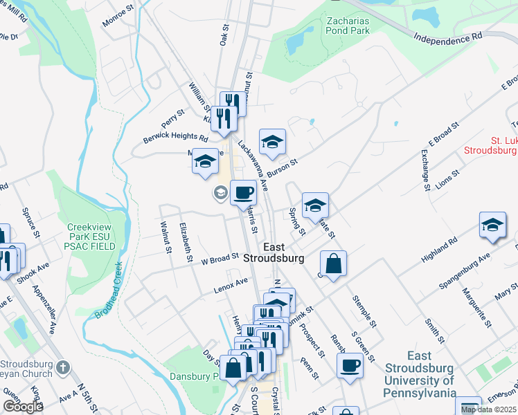 map of restaurants, bars, coffee shops, grocery stores, and more near 226 Harris Street in East Stroudsburg