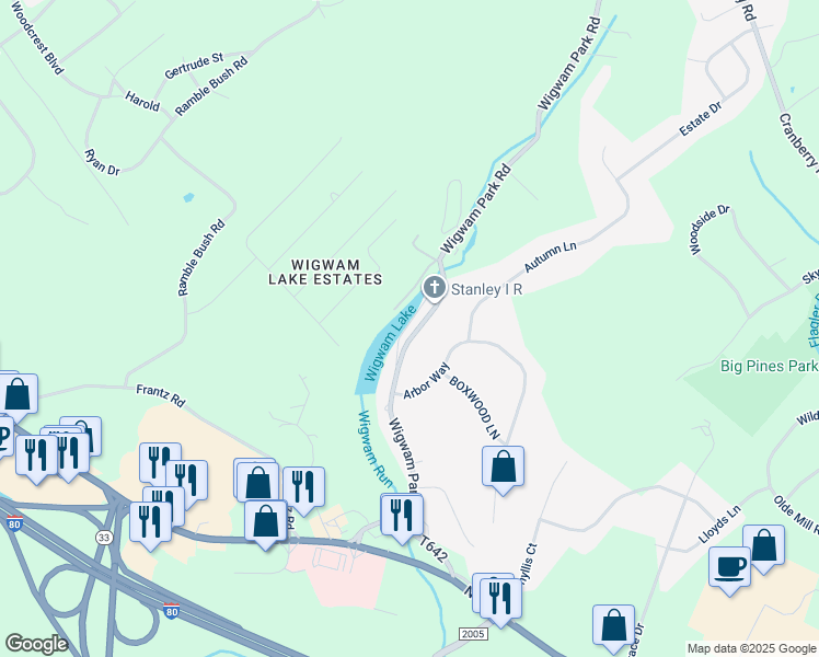 map of restaurants, bars, coffee shops, grocery stores, and more near 5120 Wigwam Run South in Stroudsburg