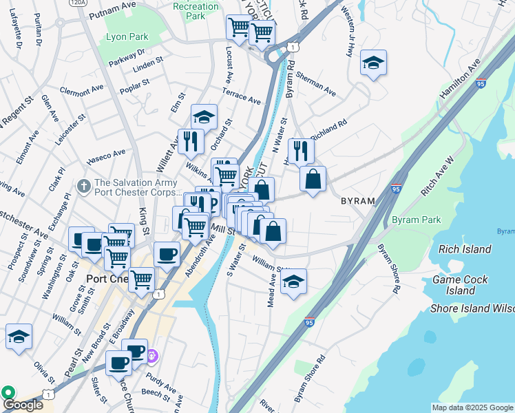 map of restaurants, bars, coffee shops, grocery stores, and more near 42 North Water Street in Greenwich