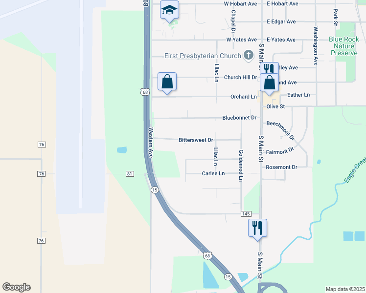 map of restaurants, bars, coffee shops, grocery stores, and more near 501 Bittersweet Drive in Findlay