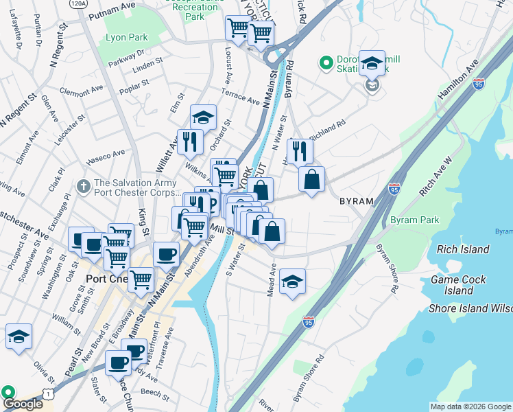 map of restaurants, bars, coffee shops, grocery stores, and more near 42 North Water Street in Greenwich