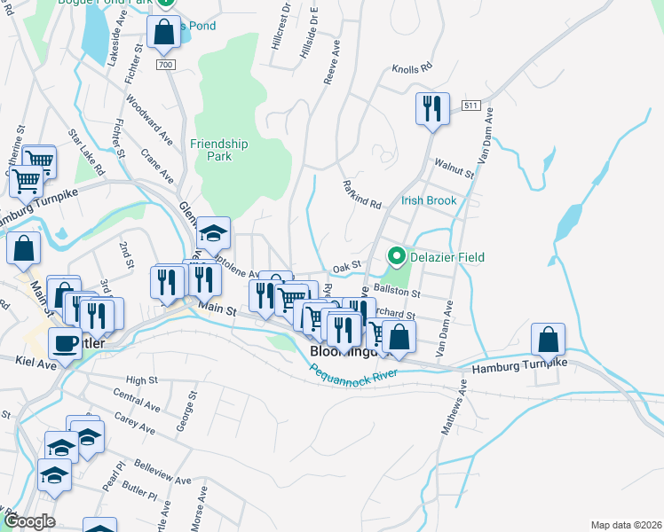 map of restaurants, bars, coffee shops, grocery stores, and more near 36 Oak Street in Bloomingdale