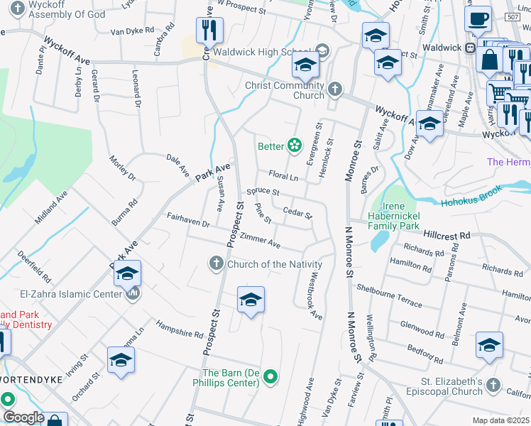 map of restaurants, bars, coffee shops, grocery stores, and more near 20 Pine Street in Midland Park