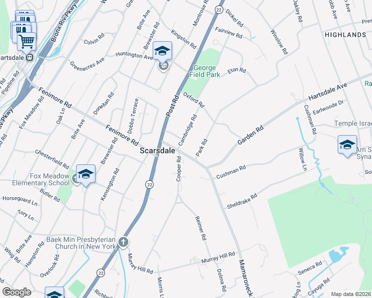 map of restaurants, bars, coffee shops, grocery stores, and more near 12 Cambridge Road in Scarsdale