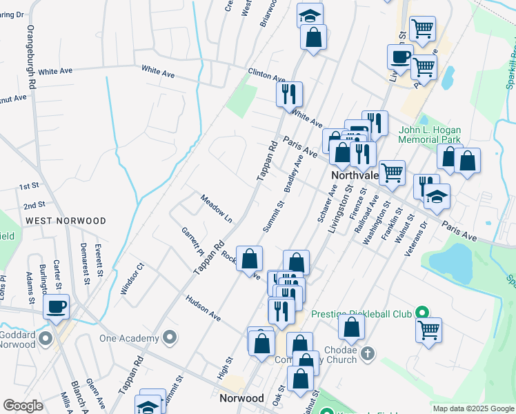 map of restaurants, bars, coffee shops, grocery stores, and more near 20 Helen Court in Norwood