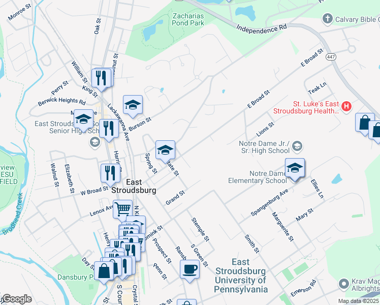 map of restaurants, bars, coffee shops, grocery stores, and more near 211 East Broad Street in East Stroudsburg