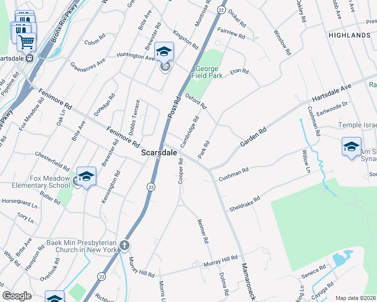 map of restaurants, bars, coffee shops, grocery stores, and more near 12 Cambridge Road in Scarsdale