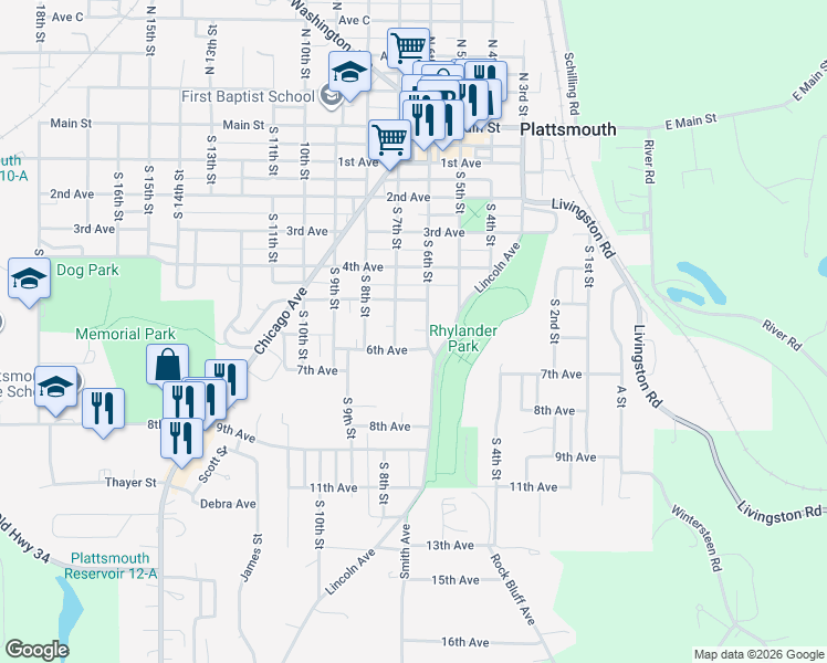 map of restaurants, bars, coffee shops, grocery stores, and more near 617 South 7th Street in Plattsmouth