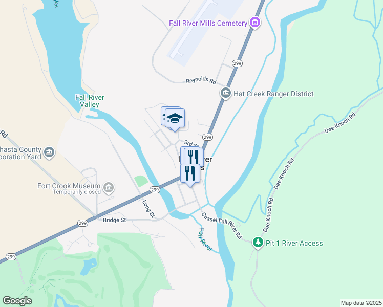 map of restaurants, bars, coffee shops, grocery stores, and more near Power St in Fall River Mills