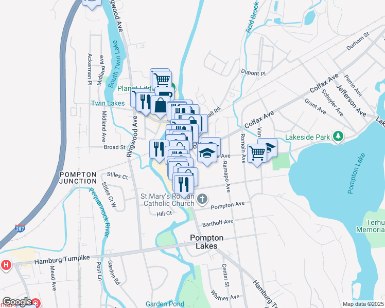map of restaurants, bars, coffee shops, grocery stores, and more near 24 Lakeside Avenue in Pompton Lakes