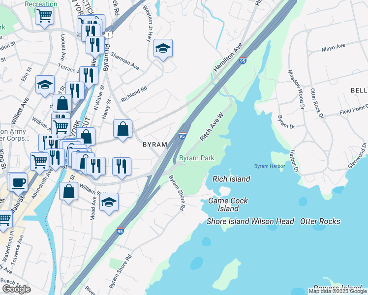 map of restaurants, bars, coffee shops, grocery stores, and more near 52 Ritch Avenue West in Greenwich