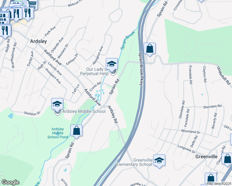 map of restaurants, bars, coffee shops, grocery stores, and more near 177 Sprain Road in Scarsdale