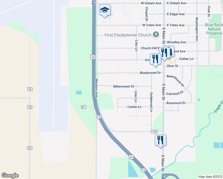 map of restaurants, bars, coffee shops, grocery stores, and more near 501 Bittersweet Drive in Findlay
