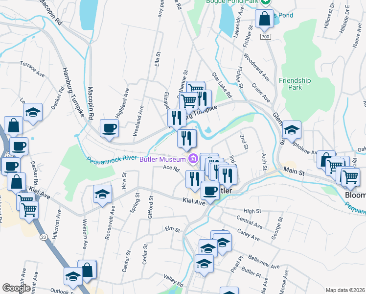map of restaurants, bars, coffee shops, grocery stores, and more near 415 Main Street in Butler