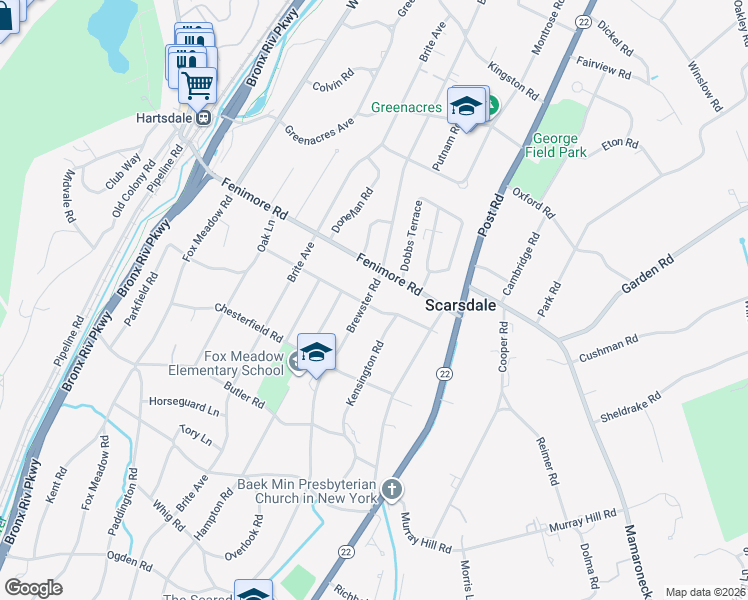 map of restaurants, bars, coffee shops, grocery stores, and more near 80 Brewster Road in Scarsdale