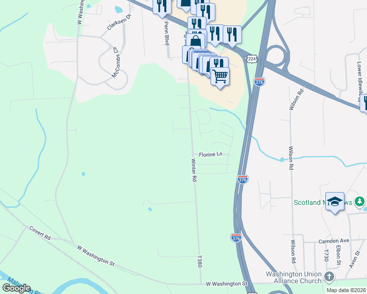 map of restaurants, bars, coffee shops, grocery stores, and more near 320 Winter Road in New Castle