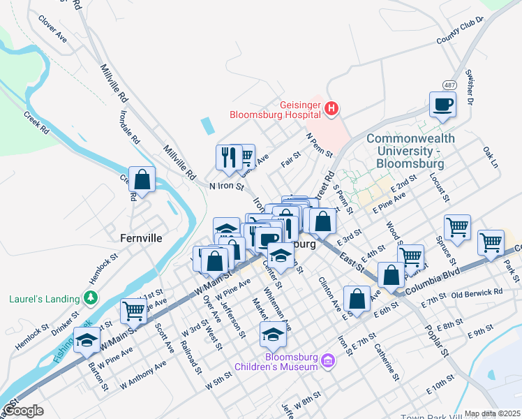 map of restaurants, bars, coffee shops, grocery stores, and more near 88 Iron Street in Bloomsburg