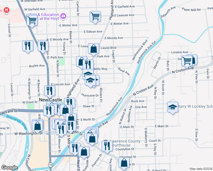 map of restaurants, bars, coffee shops, grocery stores, and more near 320 East Lincoln Avenue in New Castle