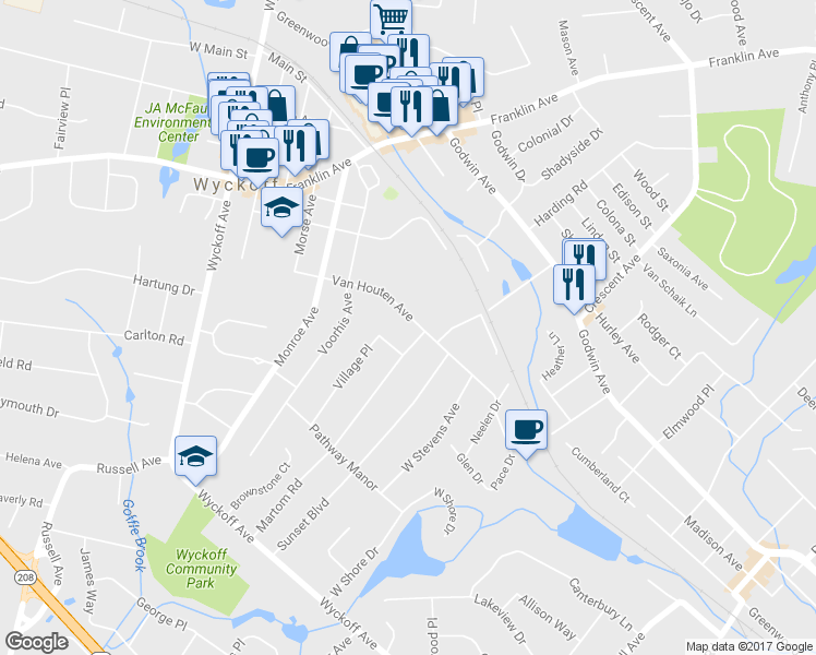 map of restaurants, bars, coffee shops, grocery stores, and more near 206 Van Houten Avenue in Wyckoff