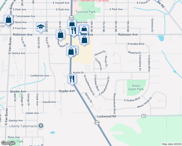 map of restaurants, bars, coffee shops, grocery stores, and more near 536f Austin Drive in Barberton