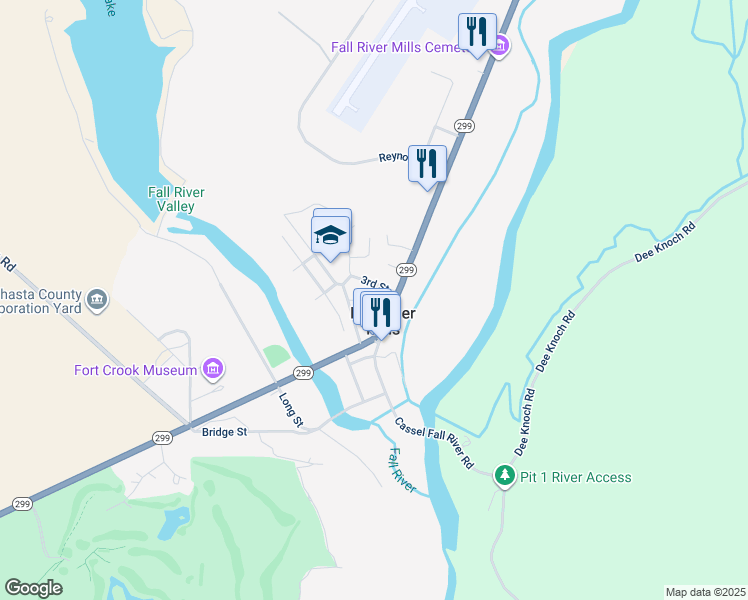 map of restaurants, bars, coffee shops, grocery stores, and more near Power St in Fall River Mills