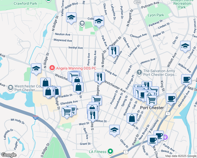 map of restaurants, bars, coffee shops, grocery stores, and more near 411 Westchester Avenue in Port Chester