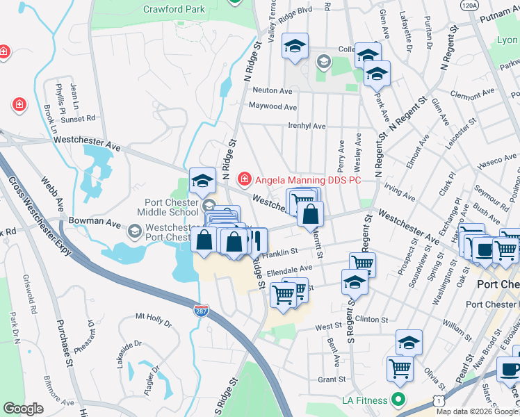 map of restaurants, bars, coffee shops, grocery stores, and more near 560 Westchester Avenue in Rye Brook
