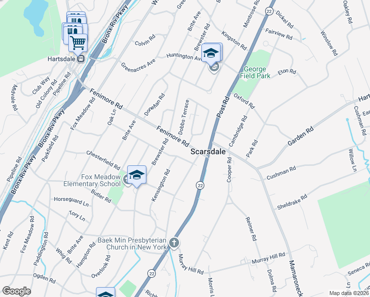 map of restaurants, bars, coffee shops, grocery stores, and more near 1 Ridgecrest West in Scarsdale