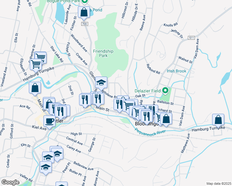 map of restaurants, bars, coffee shops, grocery stores, and more near 19 Valley View Street in Bloomingdale