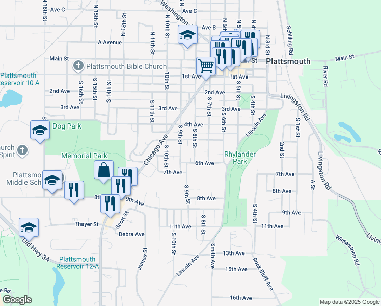 map of restaurants, bars, coffee shops, grocery stores, and more near 624 South 8th Street in Plattsmouth