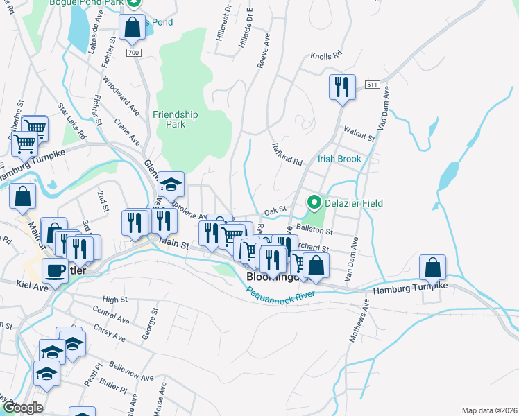 map of restaurants, bars, coffee shops, grocery stores, and more near 36 Oak Street in Bloomingdale