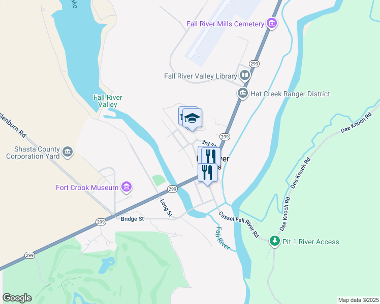 map of restaurants, bars, coffee shops, grocery stores, and more near 24924 Curve Street in Fall River Mills