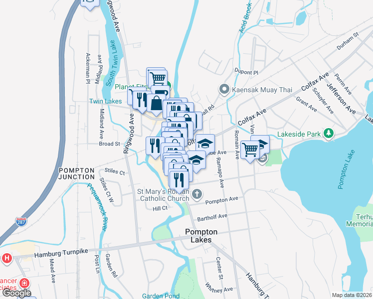 map of restaurants, bars, coffee shops, grocery stores, and more near 20 Lakeside Avenue in Pompton Lakes