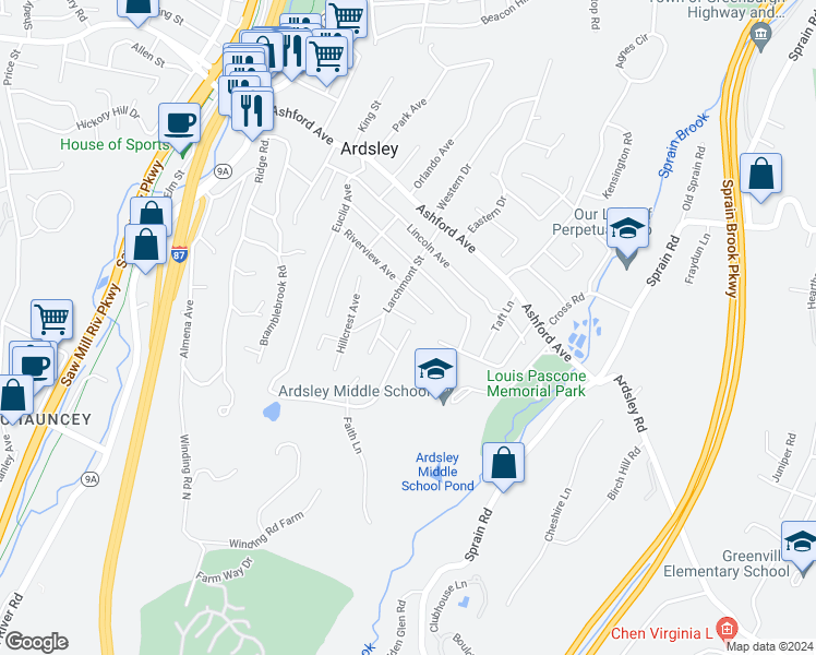 map of restaurants, bars, coffee shops, grocery stores, and more near 12 Sheldon Street in Ardsley