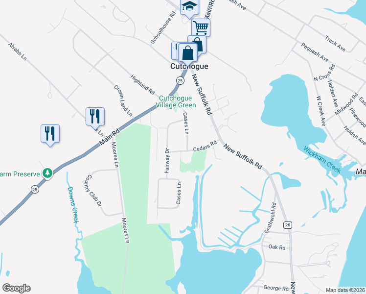 map of restaurants, bars, coffee shops, grocery stores, and more near 1370 Cases Lane in Cutchogue