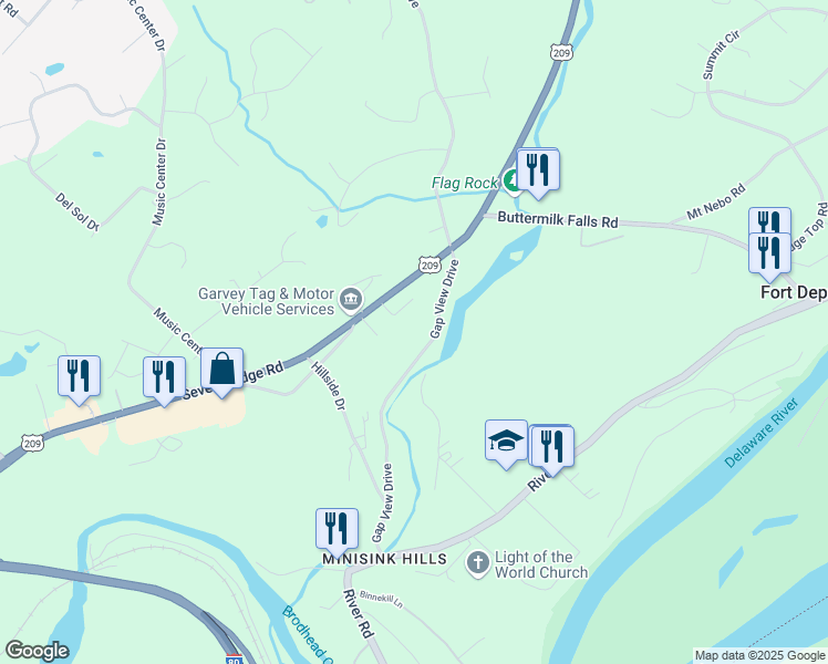 map of restaurants, bars, coffee shops, grocery stores, and more near 520 Gap View Drive in East Stroudsburg