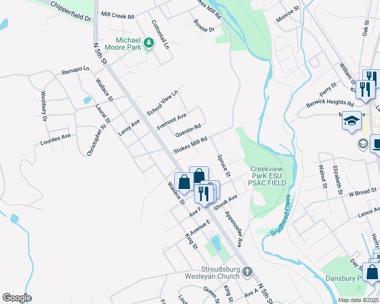 map of restaurants, bars, coffee shops, grocery stores, and more near 449 Stokes Mill Road in Stroudsburg