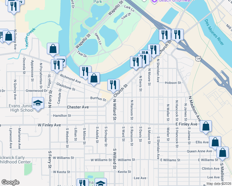 map of restaurants, bars, coffee shops, grocery stores, and more near 925 Church St in Ottumwa