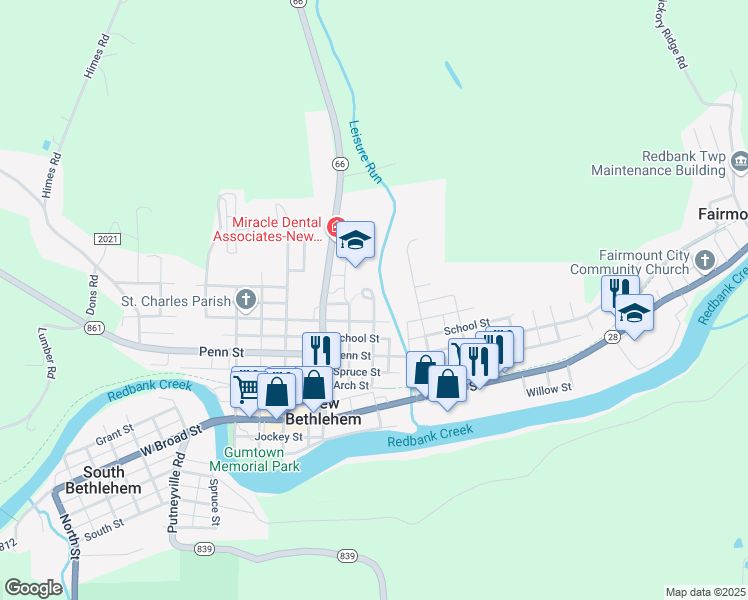 map of restaurants, bars, coffee shops, grocery stores, and more near 600 Vine Street in New Bethlehem