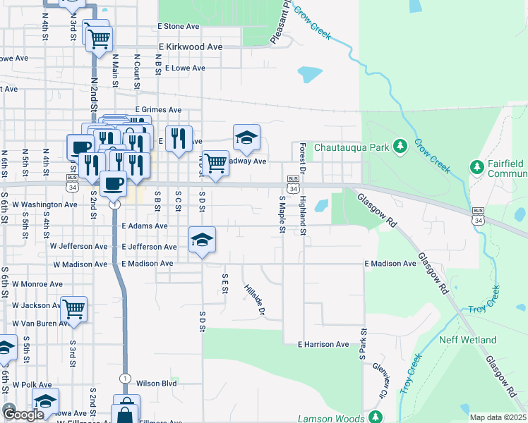 map of restaurants, bars, coffee shops, grocery stores, and more near 510 East Washington Avenue in Fairfield