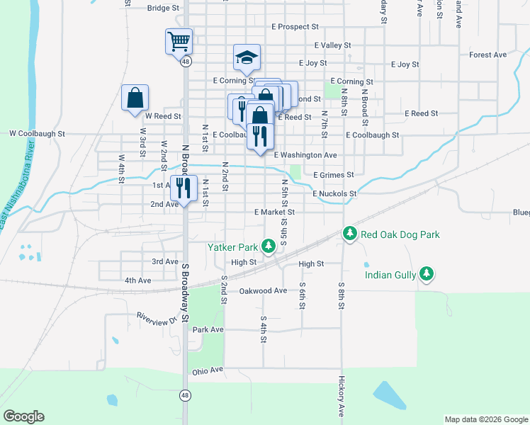 map of restaurants, bars, coffee shops, grocery stores, and more near 403 East Market Street in Red Oak