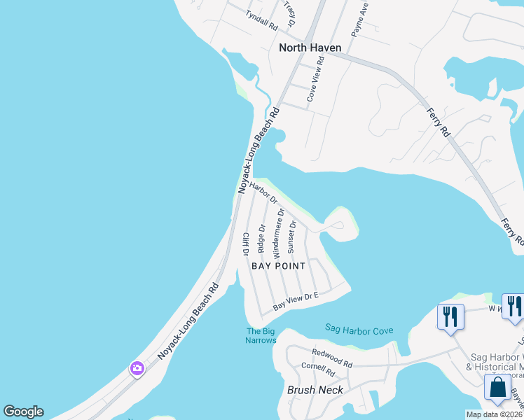 map of restaurants, bars, coffee shops, grocery stores, and more near 10 Cliff Drive in Sag Harbor