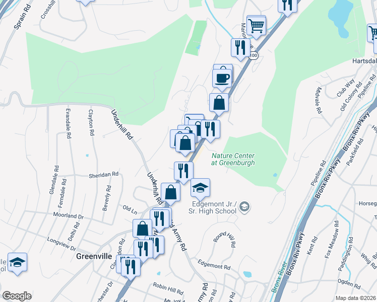 map of restaurants, bars, coffee shops, grocery stores, and more near 495 Central Park Avenue in Scarsdale